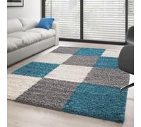 Ayyildiz - Tapis Shaggy à Carreaux Turquoise Gris Blanc pour Salon Chambre ? Poils Longs 30 mm - Dimension 60x110