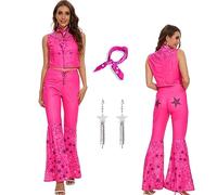 AYYOHON Costume de cowgirl des années 70 et 80 - Tenue hippie discothèque rose - Débardeur et pantalon évasé pour Halloween, Margot Robbie - Pour femme - Taille 3XL