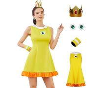 AYYOHON Costume de princesse Daisy pour femme - Robe de tennis - Robe de tennis - Couronne - Boucles d'oreilles - Bracelet adulte - Costume d'Halloween - Taille XS