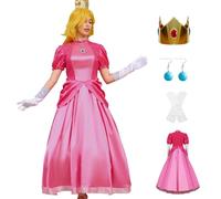 AYYOHON Costume de princesse Peach pour femmes 2023 : robe de costumade super frères, couronne, boucles d'oreilles, gants, ensemble complet pour adulte