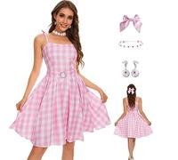 AYYOHON Ensemble collier et boucles d'oreilles pour femme - Robe à carreaux rose - Jupe - Nœud - Marguerite - Costume d'Halloween 2023 - Taille S