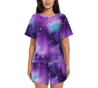 AYYQWE Magic Galaxy Sky Ensemble de pyjama à manches courtes pour femme avec imprimé violet léger et respirant, Noir , 4XL