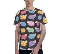 AYYQWE Mignon Mouton Coloré Motif Dessin Animé Imprimé Hommes T-shirt à Manches Courtes Doux Décontracté Bureau Gym Été Bureau Environnements Porter, Noir , L