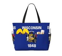 AYYQWE Sac fourre-tout de plage imprimé drapeau de l'État du Wisconsin Sac de week-end élégant réutilisable léger Gym pique-nique camping femmes hommes