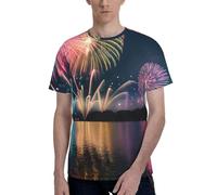 AYYQWE T-shirt à manches courtes imprimé feux d'artifice pour homme, doux, décontracté, bureau, salle de sport, été, bureau, environnements, Noir , S