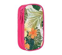 AYYQWE Trousse à crayons pratique multi-compartiments Motif feuilles végétales avec fleurs d'hibiscus Pour bureau, voyage, école, art quotidien, rose, Taille unique, Poche de rangement