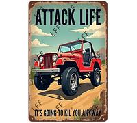 AYZYSMBM Panneau rétro amusant en métal Attack Life It'Ss Going To Kill You Anyway Red Jeep Car Off Road Car Off Road - Décoration de la maison - Poster sur toile - 30,5 x 20,3 cm