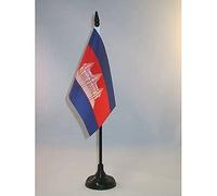 AZ FLAG - Drapeau De Table Cambodge - 15x10 cm - Mini Drapeau Cambodgien De Bureau 100% Polyester Avec Hampe De 25cm Et Socle En Plastique Noir