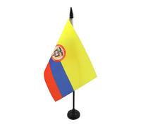 AZ FLAG - Drapeau De Table Colombie avec armes 21x14 cm - Petit Drapeau Colombien De Bureau 100% Polyester Avec Hampe De 25cm Et Socle En Plastique Noir