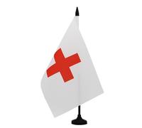 AZ FLAG - Drapeau De Table course automobile blanc avec croix rouge fixe 21x14 cm - Petit Drapeau De Commissaire De Bureau 100% Polyester Avec Hampe De 25cm Et Socle En Plastique Noir