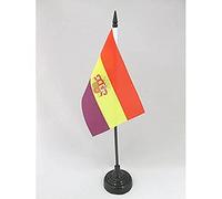 AZ FLAG - Drapeau De Table Espagnol Républicain avec écusson - 15x10 cm - Mini Drapeau De L'Espagne Républicaine De Bureau 100% Polyester Avec Hampe De 25cm Et Socle En Plastique Noir
