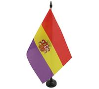 AZ FLAG Drapeau de Table Espagnol Républicain avec écusson 21x14 cm | Usage intérieur Drapeau de bureau de l'Espagne républicaine finition cousue et bords renforcés polyester 100D