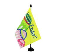 AZ FLAG - Drapeau De Table Joyeuses Pâques 21x14 cm - Petit Drapeau Happy Easter De Bureau 100% Polyester Avec Hampe De 25cm Et Socle En Plastique Noir