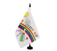 AZ FLAG - Drapeau De Table Joyeux anniversaire Champagne 21x14 cm - Petit Drapeau Happy Birthday De Bureau 100% Polyester Avec Hampe De 25cm Et Socle En Plastique Noir