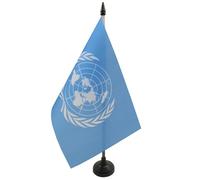 AZ FLAG Drapeau de Table ONU 21x14 cm Polyester 100D Socle Plastique | Usage intérieur Drapeau de bureau des nations unies finition cousue et bords renforcés