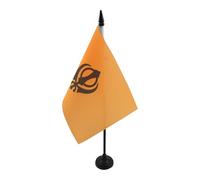 AZ FLAG Drapeau de Table Religion sikhiste 21x14 cm Socle Plastique | Usage intérieur Drapeau de bureau du Khanda finition cousue et bords renforcés avec mât en plastique et socle en plastique