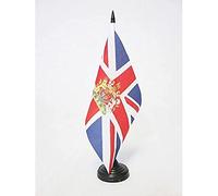 AZ FLAG - Drapeau De Table Royaume-Uni avec armes 21x14 cm - Petit Drapeau Anglais De Bureau 100% Polyester Avec Hampe De 25cm Et Socle En Plastique Noir