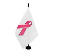 AZ FLAG - Drapeau De Table Ruban Rose Cancer du Sein 21x14 cm - Petit Drapeau Contre Le Cancer De Bureau 100% Polyester Avec Hampe De 25cm Et Socle En Plastique Noir