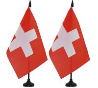 AZ FLAG - Drapeau De Table Suisse 21x14 cm - Petit Drapeau Helvétique De Bureau 100% Polyester Avec Hampe De 25cm Et Socle En Plastique Noir (Lot de 2)