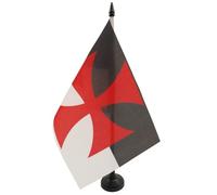 AZ FLAG Drapeau de Table Templiers Baussant 21x14 cm Socle Plastique | Usage intérieur Drapeau de bureau de l'ordre du Temple finition cousue et bords renforcés polyester 100D
