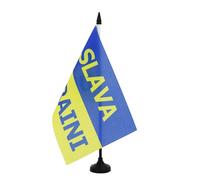 AZ FLAG - Drapeau De Table Ukraine Slava Ukraini 21x14 cm - Petit Drapeau Ukrainien De Bureau 100% Polyester Avec Hampe De 25cm Et Socle En Plastique Noir