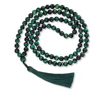 AzanClk Perles de prière musulmanes de qualité supérieure, pierre œil de tigre vert, 99 perles, pompon vert foncé, unisexe adulte