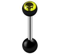 AZARIO LONDON Piercing de langue avec logo tête de mort sur boule UV noire en acier inoxydable calibre 14, 19mm Length, Acrylique UV, Pas de gemme