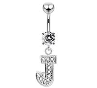 AZARIO LONDON Piercing de nombril en forme de lettre de l'alphabet J - Bijou de nombril en acier et argent - Anneau de nombril - Anneau de nombril - Barbell incurvé 14G, Acier inoxydable, Zircon