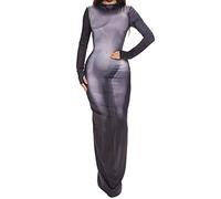 Azazaza Robe longue moulante Y2K avec imprimé 3D et col rond, Noir , S