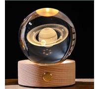 Azazaza Veilleuse boule de cristal 3D, 8 cm, lumière en cristal Saturne avec base en bois LED, lampe de chevet tactile USB pour chambre à coucher, cadeau pour fille (C)
