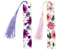 Azenera - Signets en Fleurs Pressées (Pack de 2) Résine Florale Séchée Transparente avec Pompons - Cadeau Fait Main pour Femmes, Étudiants, Bouquineurs, Amateurs de Livres, Accessoires pour Augmenter