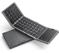 Azerty Foldable Bluetooth Keyboard with Touchpad, Mini Foldable Wireless Keyboard Rechargeable Dual Bluetooth for Laptop/Tablet/iPad Compatible Windows, iOS, Mac OS, Android ¿ Grey