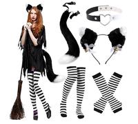 AZIDWERYQ 1 ensemble de costume de femme chat, tenue costume femme chat mignon avec oreilles, queue en fourrure, chaussettes, tour cou et gants, charmant pour filles et femmes, fête d'Halloween, cos