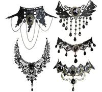 AZIDWERYQ 5Pcs Collier Ras du Cou en Dentelle Noire, Collier Ras du Cou Sexy en Dentelle pour Femmes, de Chaîne de Steampunk avec Pendentif, Bijoux Gothiques pour Halloween Fête Mariage Cospla