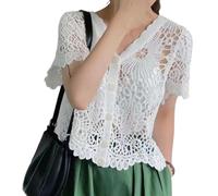 AZIDWERYQ Cardigan en Dentelle pour Femme Court ajouré boutonné Cardigan en Dentelle Blanche avec Manches Courtes et col en V Taille Moyenne Haussement d'épaules au Crochet pour l'été