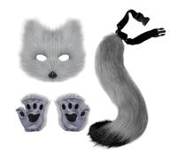AZIDWERYQ Costume à Fourrure de 3pcs / Set, Masque de Renard à Fourrure Gris, Gants la Queue thérienne et Moelleux réglables pour Le Masque fête d'halloween