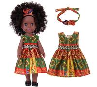 AZIDWERYQ Poupées Noires pour Filles 14 Pouces Cheveux bouclés poupées Noires avec Robe et Accessoire de Cheveux articulations Mobiles pour Enfants de 3 Ans et Plus pour Filles