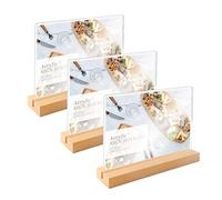 AZKEEGREY Lot de 3 Présentoirs de Table A5 Forme de T, Support pour Menu Acrylique Transparent, Présentoir Base en Bois Pour Restaurant Hôtel Magasin Menus
