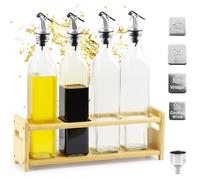 AZKEEGREY Lot de 4 bouteilles d'huile en verre avec support en bois, distributeur d'huile d'olive 500 ml, bouteille d'huile d'olive avec bec verseur, bouteilles en verre, vinaigre et bouteilles
