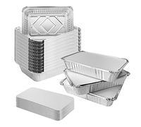 AZKEEGREY Lot de 50 Plat Aluminium Jetable 1000ml, Barquette Aluminium avec Couvercle 21.5x16x5cm, Barquette Alimentaire Jetable pour Barbecue Cuire Rôtir Cuisiner Petits récipients