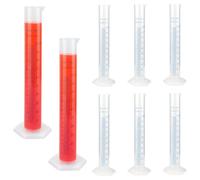 AZKEEGREY Lot de 8 béchers cylindriques gradués en plastique de 100 ml avec ligne bleue - Pour laboratoire - Bec verseur et base hexagonale - Transparent