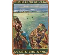 AZOLID Panneau vintage en métal Bretagne, France, vue de la mer depuis la côte rocheuse, voyage en étain Signs Vintage Bar Club Cave Home Kitchen Wall Decor Rustique Sign Funny Decor 30 x 43 cm