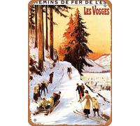 AZOLID Panneau vintage en métal Vosges, France, luge et ski - Panneau vintage en étain - Décoration murale rustique amusante - 30 x 43 cm