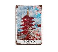 AZOLID Panneaux en métal Tokyo Japon Pagode Voyage en étain Affiche murale pour maison, bar, café, garage, salle de bain 30 x 20 cm
