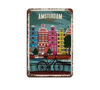 AZOLID Plaque en métal Amsterdam Travel Tin Signs Retro Bar Pub Diner Café Home Salle de bain et chambre Art 14 x 20 cm