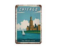 AZOLID Plaque en métal Chicago The Windy City Travel Signs Intérieur et extérieur Home Bar Café Cuisine Décoration murale 14 x 20 cm