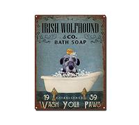 AZOLID Plaque en métal humoristique avec inscription « Irish Wolfhound Co. Bath Soap Wash Your Paws » - Décoration murale - 30 x 20 cm