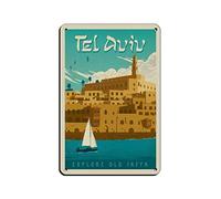 AZOLID Plaque vintage en métal avec inscription « Israël Tel Aviv » - Décoration murale pour bureau, café, salle de bain, salle de bain - 30 x 43 cm