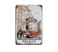 AZOLID Plaque vintage en métal - Prague - République tchèque - Voyage - Affiche en métal - Décoration murale - Pour bureau, café, salle de bain - 30 x 20 cm