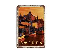 AZOLID Signes en métal Suède Stockholm drôles de voyage en étain pour bar, café, maison, chambre, décoration murale, cadeau extérieur et intérieur 14 x 20 cm